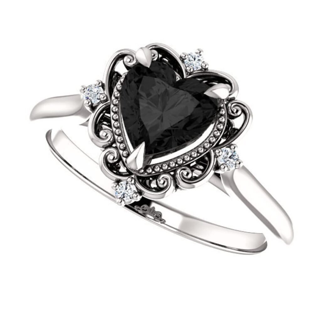 Filigree Vintage Heart Shape Black Diamond Engagement Ring, Victorian Halo 1 CT Heart Genuine Black Diamond Ring, Antique Black Onyx Ring, 14K Solid White Gold, Perfact for Gift (6.5)