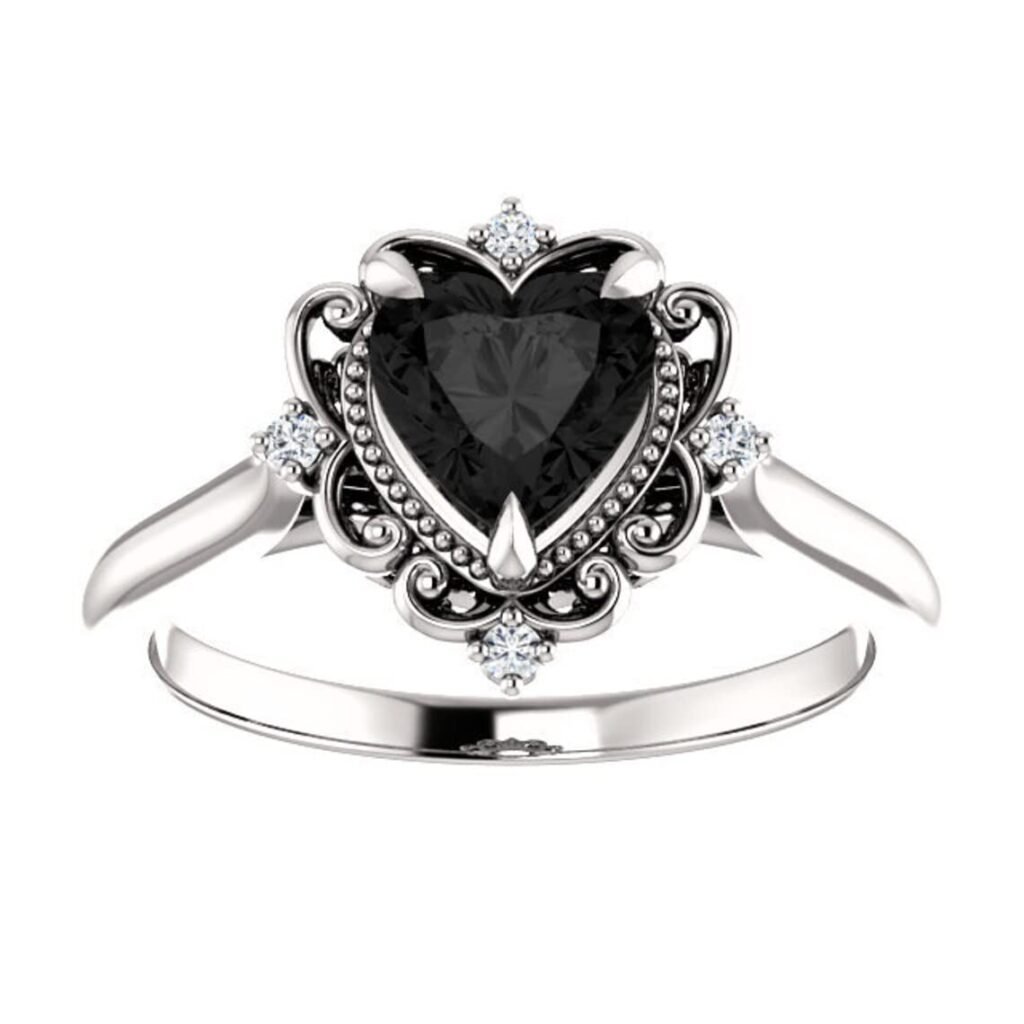 Filigree Vintage Heart Shape Black Diamond Engagement Ring, Victorian Halo 1 CT Heart Genuine Black Diamond Ring, Antique Black Onyx Ring, 14K Solid White Gold, Perfact for Gift (6.5)