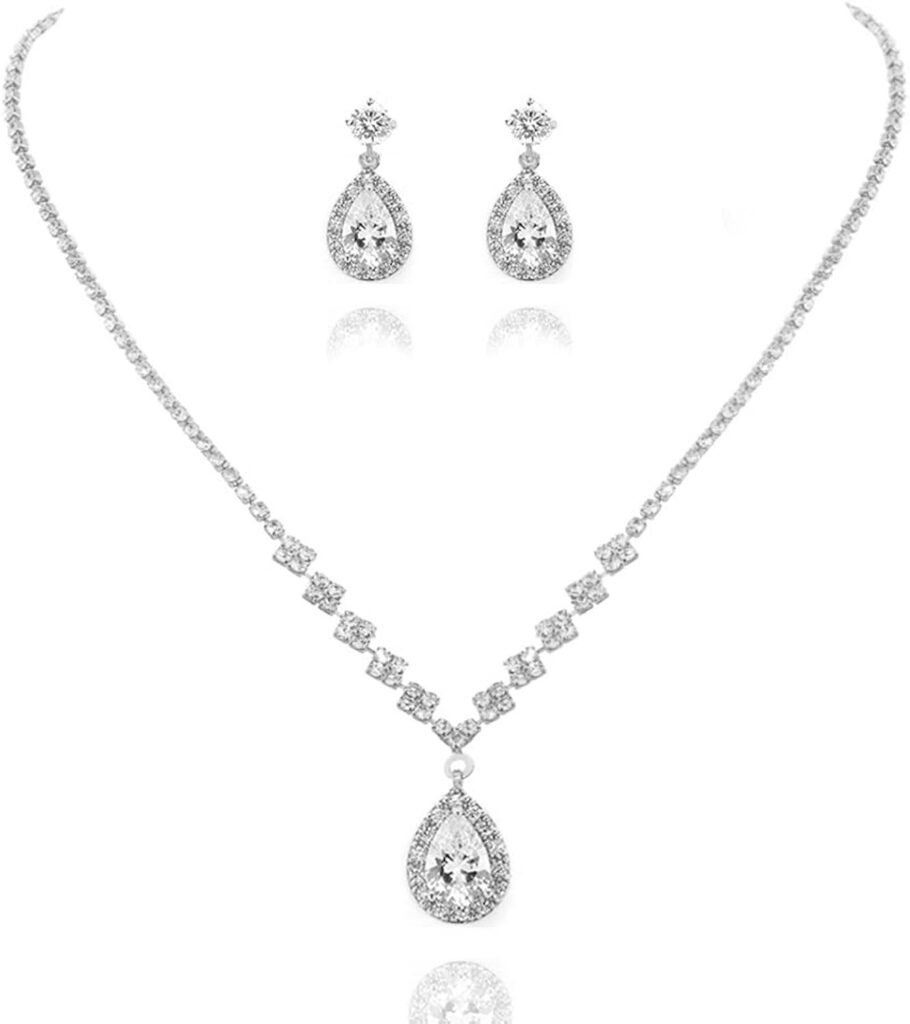 Aukmla Bride Wedding Necklace Earrings Set Silver Rhinestones Necklaces Bridal Crystal Jewelry Accessories for Women (Set of 3)