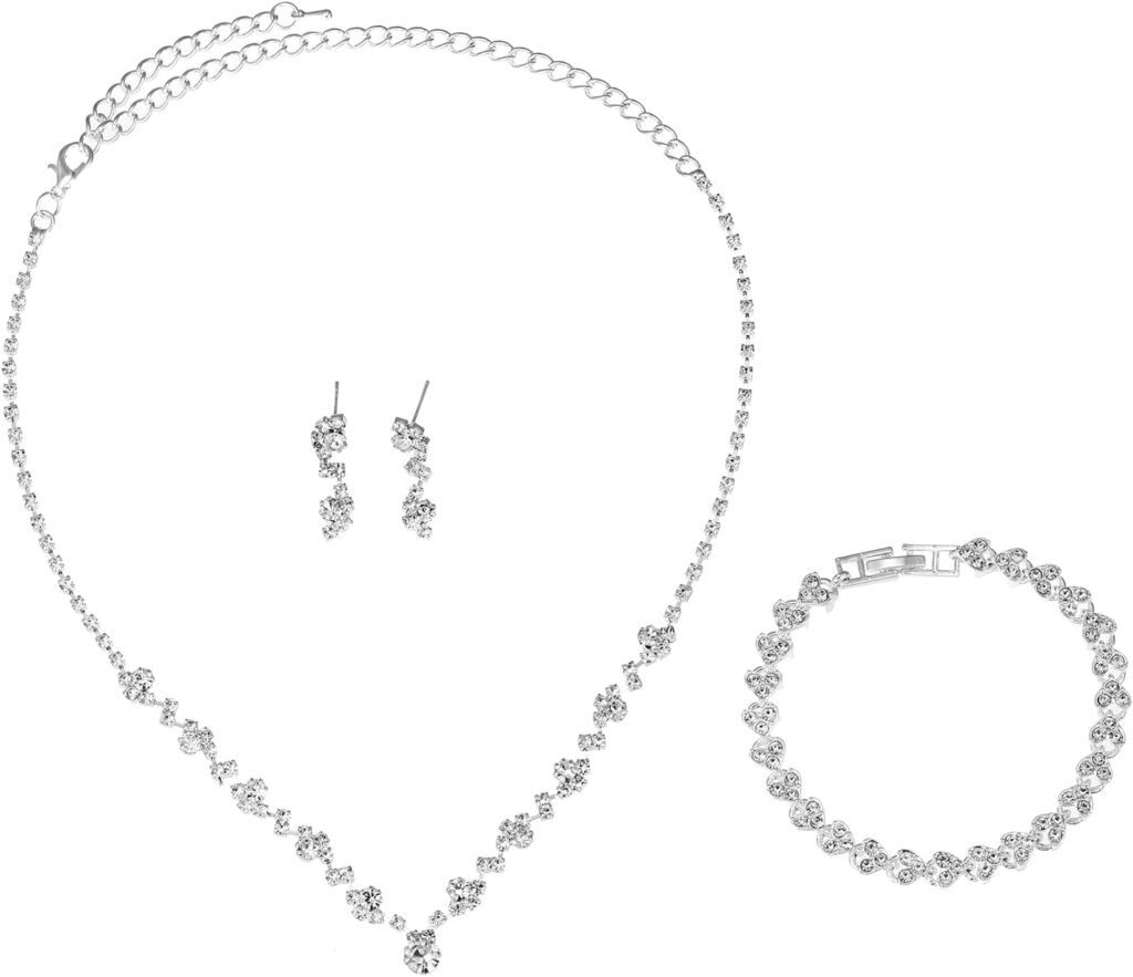 Bridal Jewelry Set, Silver Rhinestone Necklace Earrings Set Wedding Jewelry Set for Brides and Bridesmaid