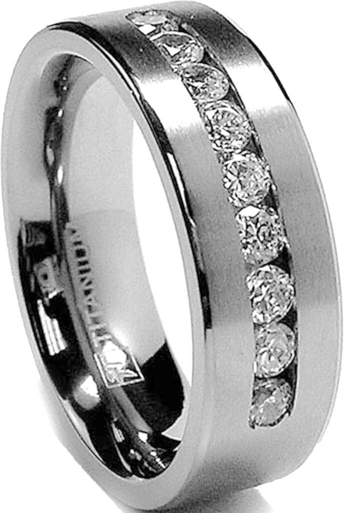 Metal Masters 8 MM Mens Titanium Ring Wedding Band with 9 Large Channel Set Cubic Zirconia CZ Sizes 6 to 15